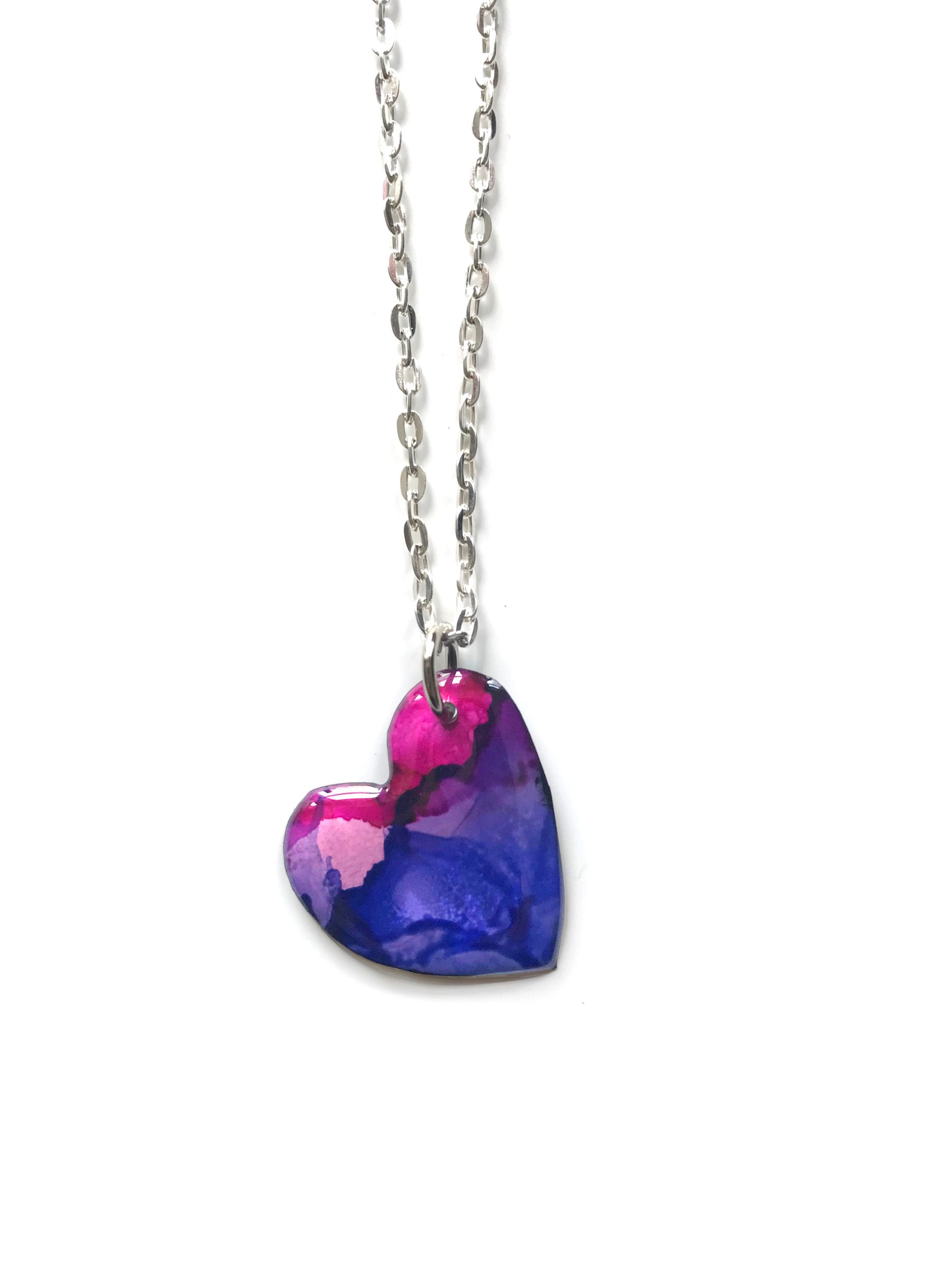 Purple Fuchsia Heart Alcohol Ink Pendant Necklace