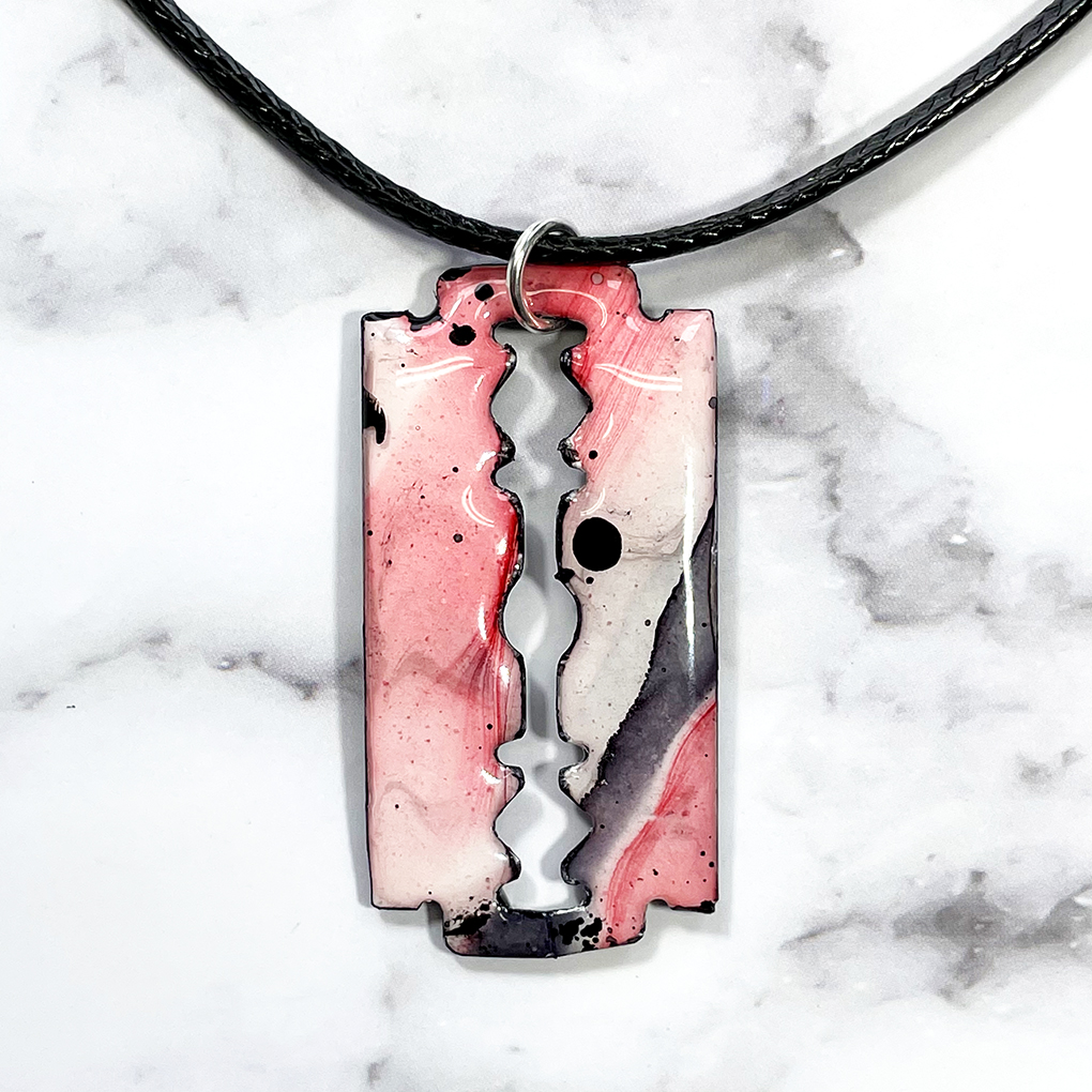 Black White Red Razor Blade Abstract Art Pendant Necklace - Vera