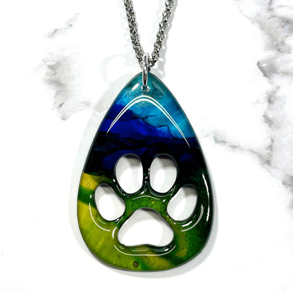 Lime Green Navy Turquoise Paw Print Abstract Art Pendant