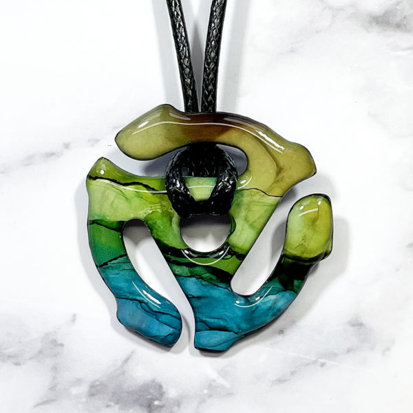 Olive Green Aqua 45 Adapter Abstract Art Pendant Necklace