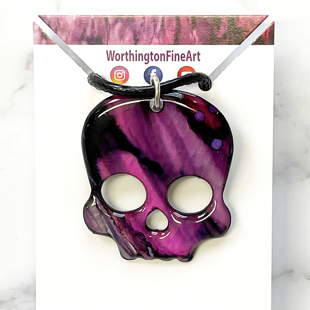 Magenta Black Skull Abstract Art Pendant Necklace