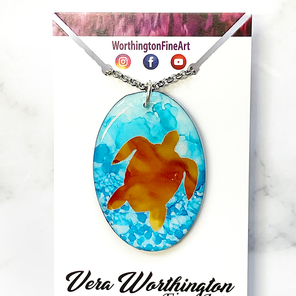 Underwater Turtle Abstract Art Pendant Necklace