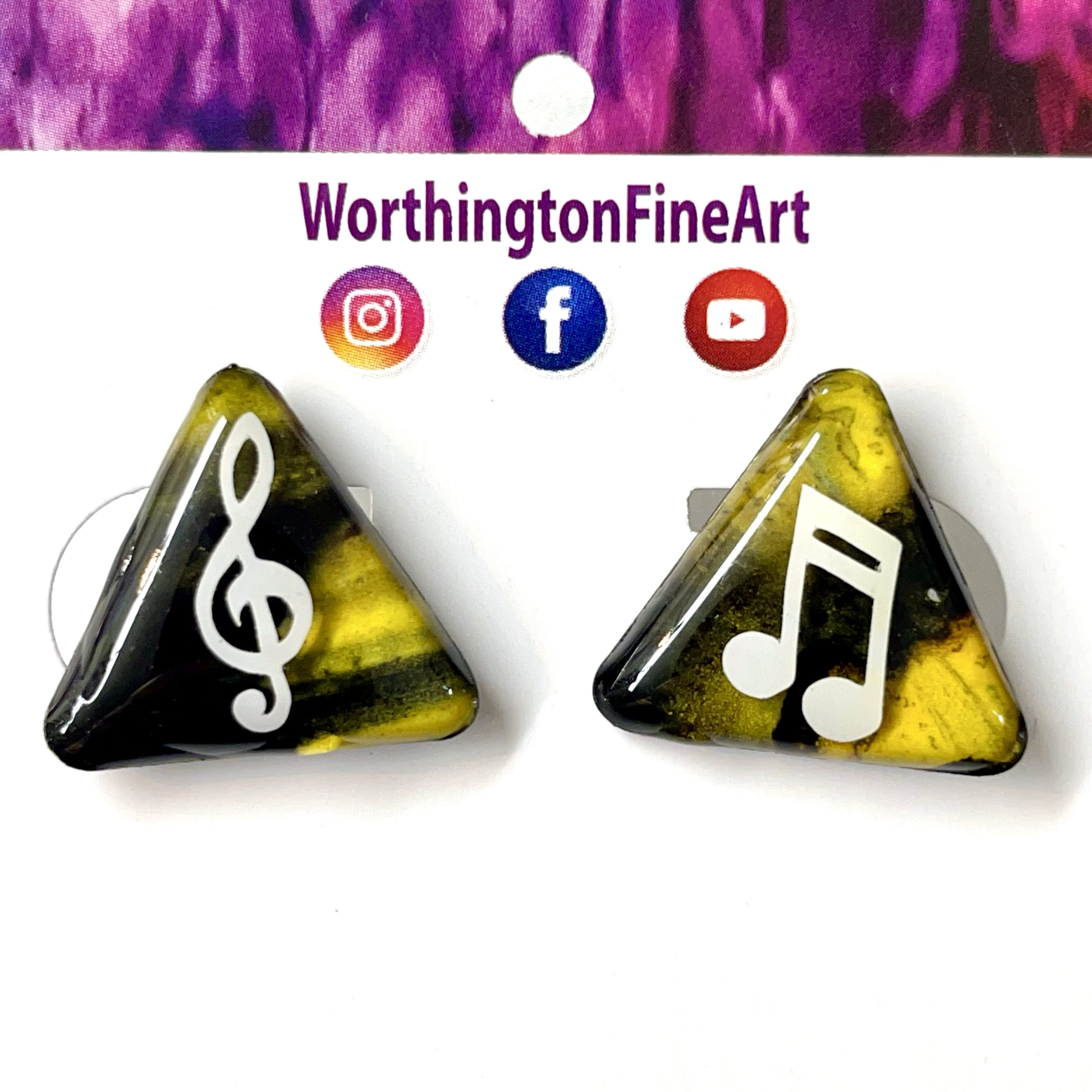 Yellow Black Triangle Music Stud Earrings