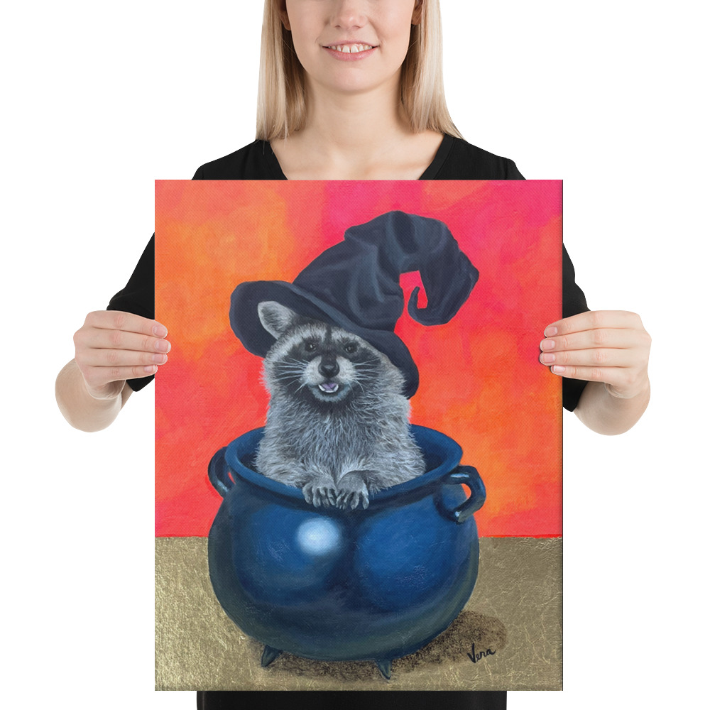 "He's Called Ron" raccoon in a cauldron wearing a witch hat