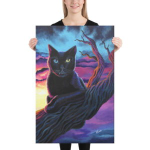 "Salem" black cat in a tree during sunset