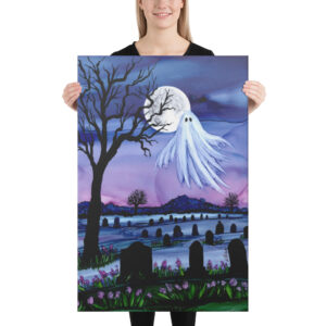 "Ezekiel" ghost in a moonlit cemetery with flowers